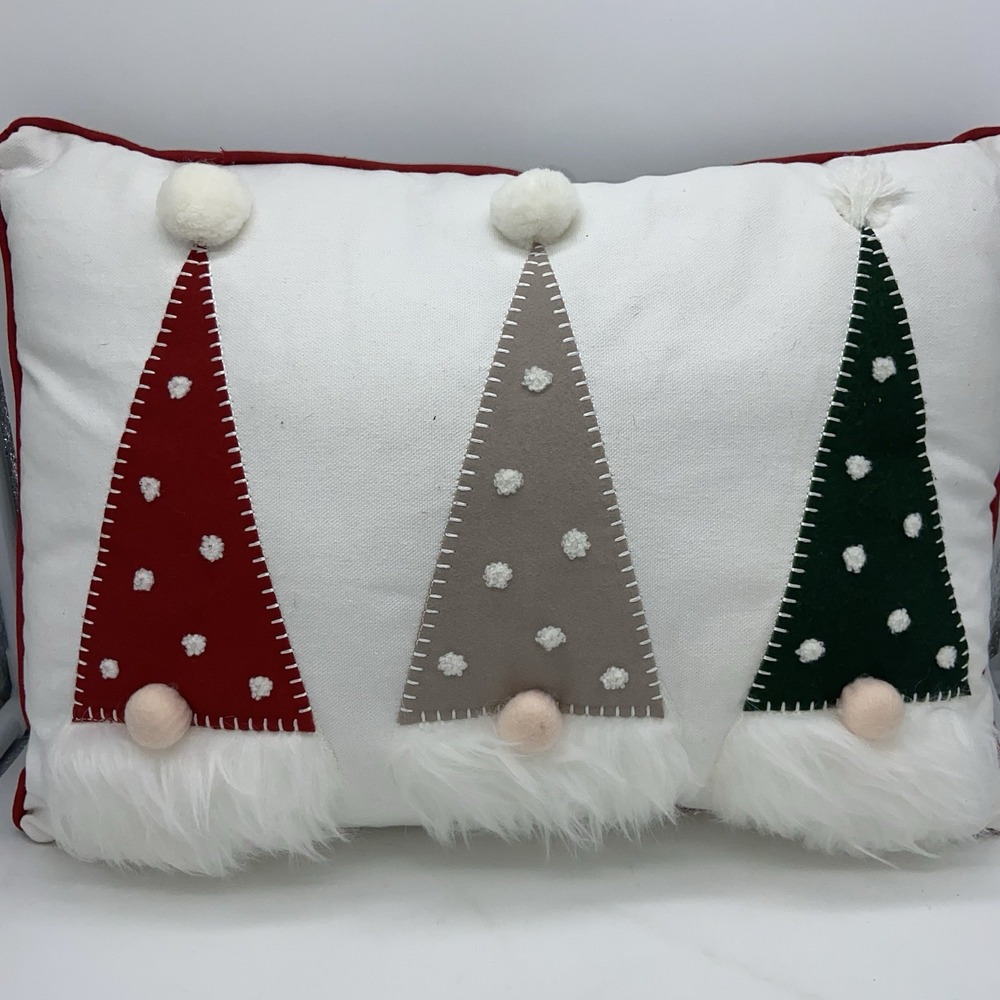Christmas Gnome Throw Pillow Holiday‎ Decor 3D Felt Hats Faux Fur Beards Festive